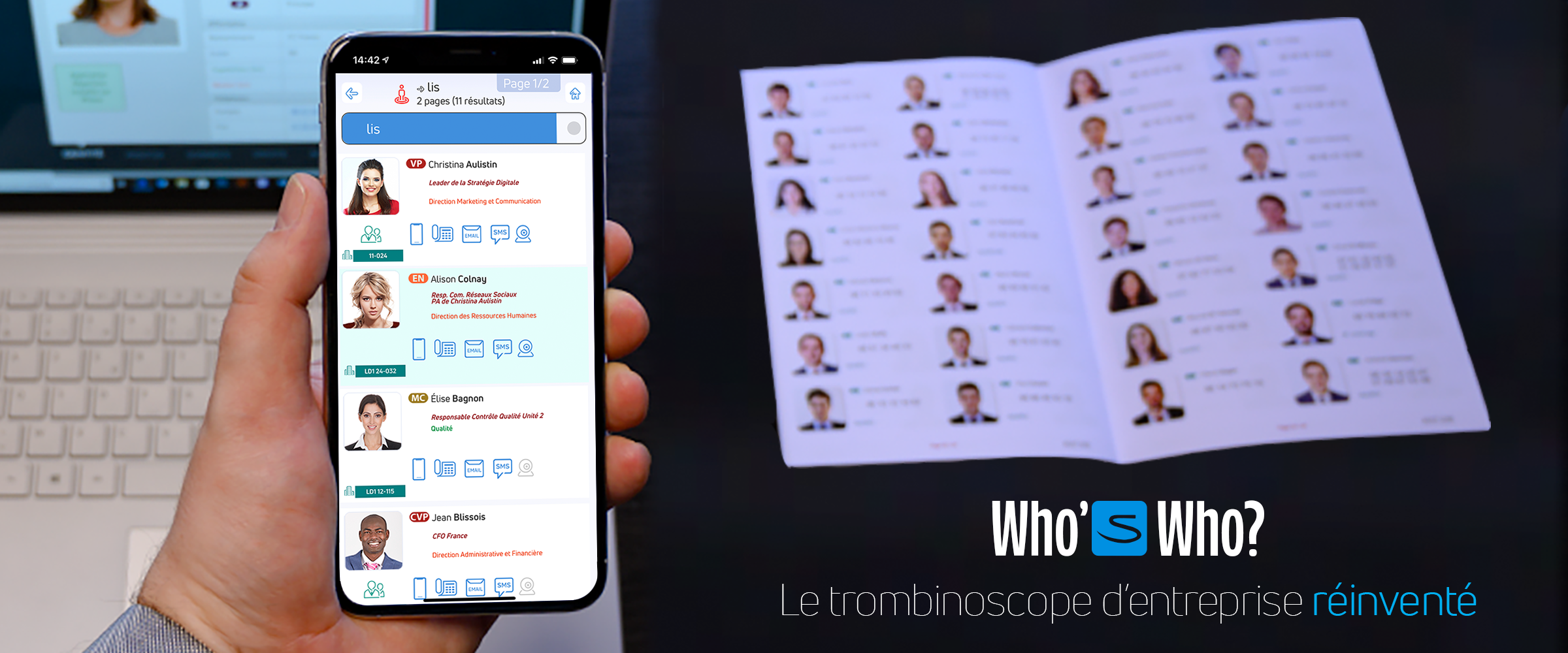 WhosWho.studio : 1 fiche d'identité, 1 application pour smartphone, un livret trombinoscope et des applications dédiées pour les fonctions supports.